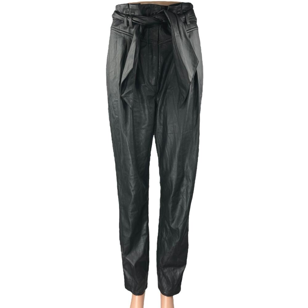 For Love & Lemons Dillon Black Faux Leather Belted Trousers Paperbag Pants Sz S